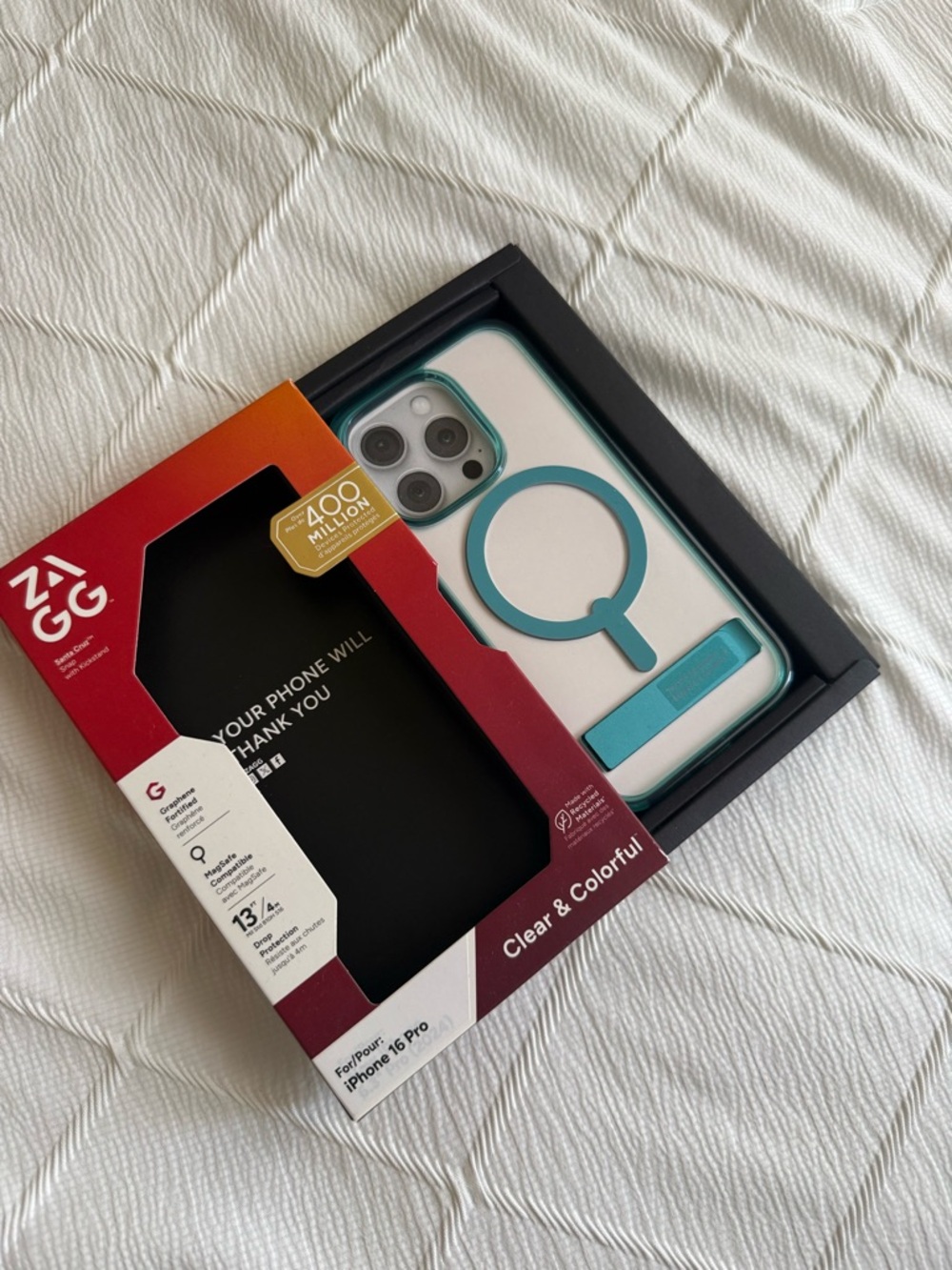 ZAGG Clear/Teal iPhone 16 pro case with kickstand